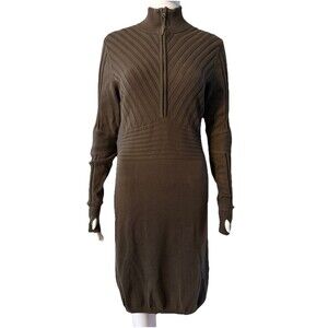 Athleta Ribbed Knit 1/2 Zip Sweater Dress Athleisure Fitted Brown Bodycon SZ S